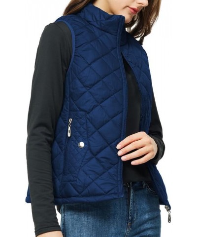 Women's Quilted Vest Lightweight Puffer Jacket with Detachable Hood Stand Collar Zip Outwear No Hood - Dark Blue $15.75 Vests