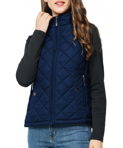 Women's Quilted Vest Lightweight Puffer Jacket with Detachable Hood Stand Collar Zip Outwear No Hood - Dark Blue $15.75 Vests