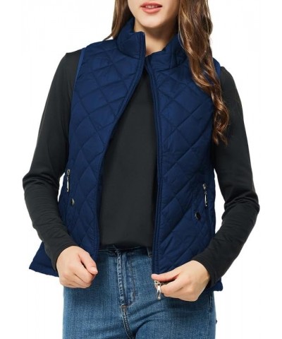 Women's Quilted Vest Lightweight Puffer Jacket with Detachable Hood Stand Collar Zip Outwear No Hood - Dark Blue $15.75 Vests