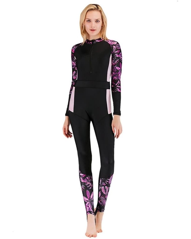 Women's One Piece Swimsuit Long Sleeve Full Body Swimwar Rash Guard with Sun Protection Purple-leaves $22.87 Swimsuits