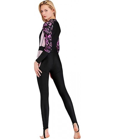 Women's One Piece Swimsuit Long Sleeve Full Body Swimwar Rash Guard with Sun Protection Purple-leaves $22.87 Swimsuits