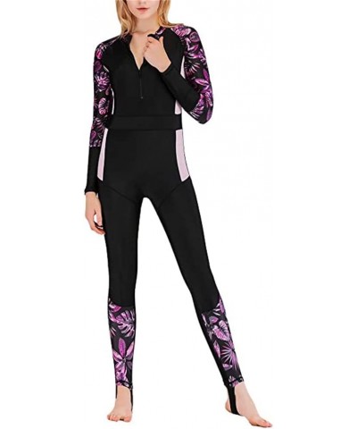 Women's One Piece Swimsuit Long Sleeve Full Body Swimwar Rash Guard with Sun Protection Purple-leaves $22.87 Swimsuits