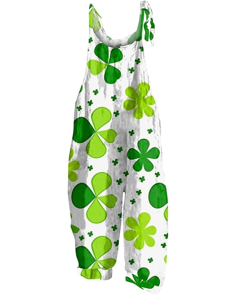 St Patrick's Day Linen Overalls for Women Loose Fit Adjustable Bib Jumpsuit Printed Sleeveless Baggy Wide Leg Rompers 04-yell...