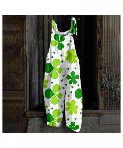 St Patrick's Day Linen Overalls for Women Loose Fit Adjustable Bib Jumpsuit Printed Sleeveless Baggy Wide Leg Rompers 04-yell...