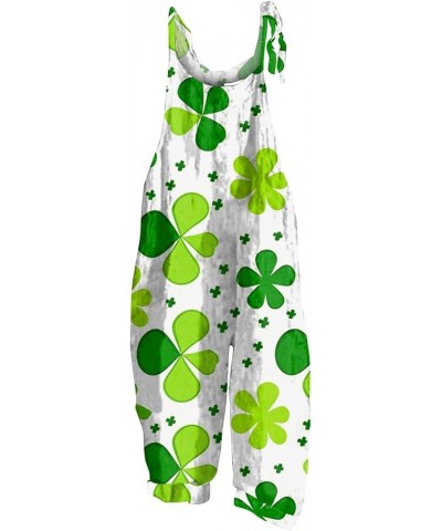 St Patrick's Day Linen Overalls for Women Loose Fit Adjustable Bib Jumpsuit Printed Sleeveless Baggy Wide Leg Rompers 04-yell...