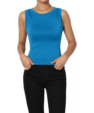 Women's Stretch Seamless Round Crew Neck Crop Tank Top Sleeveless Skinny Tee Ocean Blue $10.39 Tops