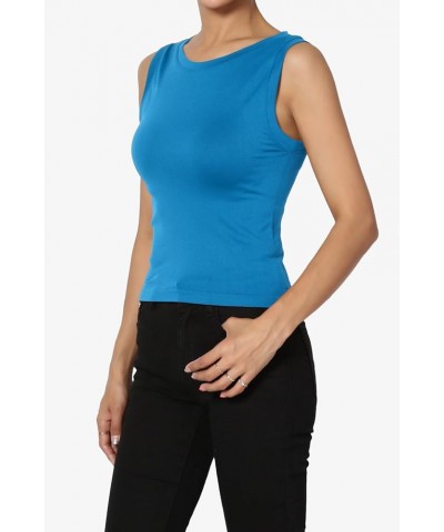 Women's Stretch Seamless Round Crew Neck Crop Tank Top Sleeveless Skinny Tee Ocean Blue $10.39 Tops