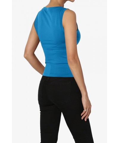 Women's Stretch Seamless Round Crew Neck Crop Tank Top Sleeveless Skinny Tee Ocean Blue $10.39 Tops