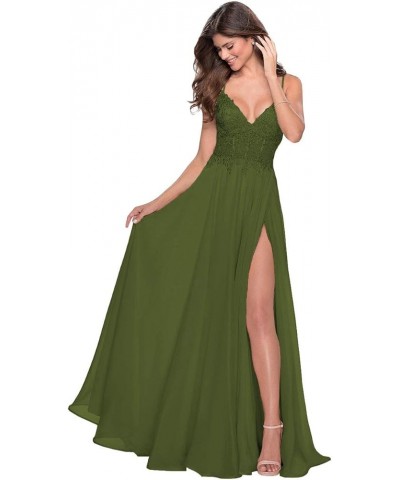 Women's Lace Appliqued Chiffon Prom Dresses Long with Slit Spaghetti Straps V Neck Formal Party Gowns YZTS027 Olive Green $43...