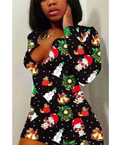 Womens Christmas Romper Pajamas One Piece Printed Bodycon Jumpsuit Shorts Sexy One Piece Pjs Overall Wreaths Black $9.17 Slee...