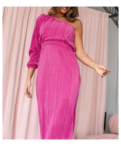 Ladies Polyester Dress Solid Color Split Waist Strapless Long Sleeves High Waist Evening Gown Rose Red $33.39 Dresses