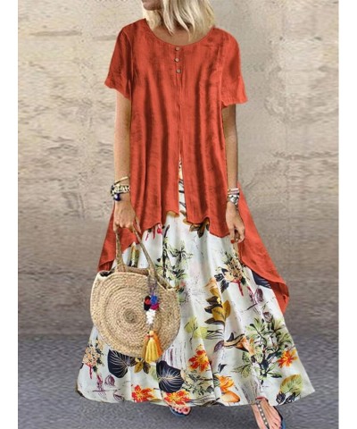 Women's Boho Floral Cotton Linen Maxi Dresses Loose Short Sleeve Summer Beach Vacation Casual Flowy Long Dress Orange Floral ...