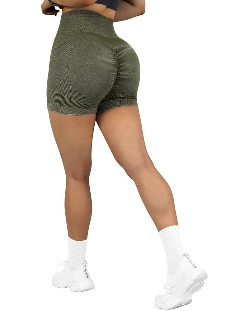 Women Seamless Booty Shorts Butt Lifting High Waisted Workout Shorts 3" Acid Wash Army Green $12.21 Activewear