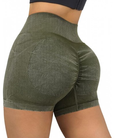 Women Seamless Booty Shorts Butt Lifting High Waisted Workout Shorts 3" Acid Wash Army Green $12.21 Activewear