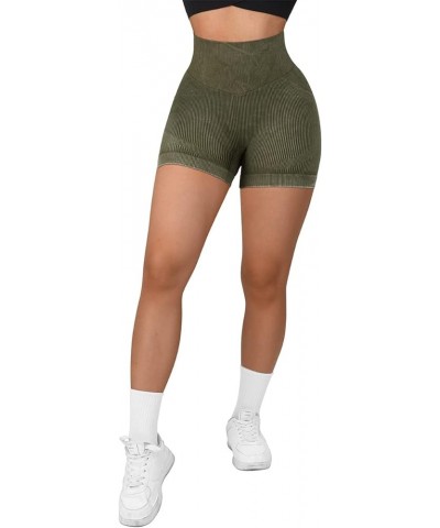 Women Seamless Booty Shorts Butt Lifting High Waisted Workout Shorts 3" Acid Wash Army Green $12.21 Activewear