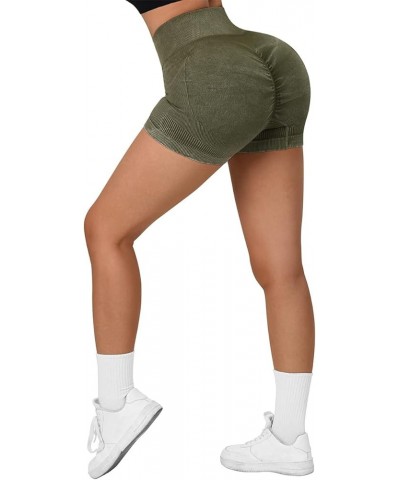 Women Seamless Booty Shorts Butt Lifting High Waisted Workout Shorts 3" Acid Wash Army Green $12.21 Activewear