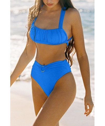 Women Sexy Ruched Bikini Set Criss Cross Back O-Ring Belted High Waisted High Cut Thong 2 PCS Swimsuit Blue $15.06 Swimsuits