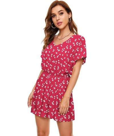 Women's Polka Dot Leopard Jumpsuits V-Neck Floral Printed Flutter Sleeve Pocket Romper Red Floral $24.50 Rompers