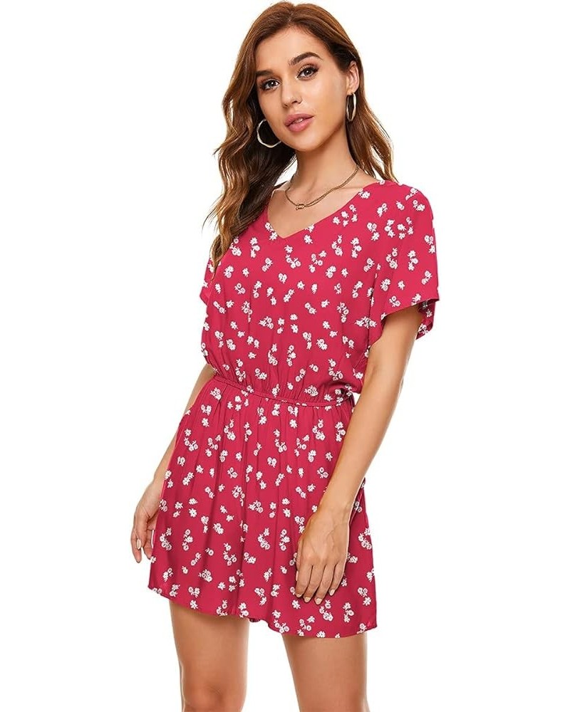 Women's Polka Dot Leopard Jumpsuits V-Neck Floral Printed Flutter Sleeve Pocket Romper Red Floral $24.50 Rompers