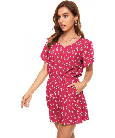 Women's Polka Dot Leopard Jumpsuits V-Neck Floral Printed Flutter Sleeve Pocket Romper Red Floral $24.50 Rompers