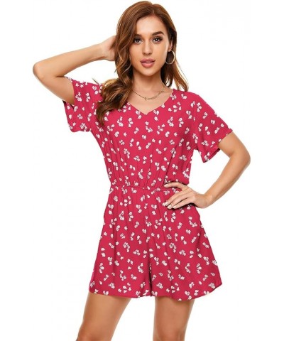 Women's Polka Dot Leopard Jumpsuits V-Neck Floral Printed Flutter Sleeve Pocket Romper Red Floral $24.50 Rompers