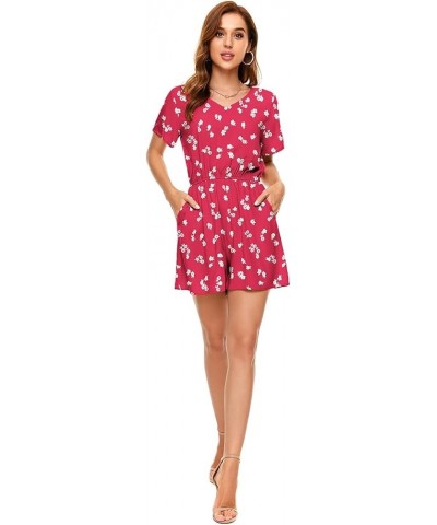 Women's Polka Dot Leopard Jumpsuits V-Neck Floral Printed Flutter Sleeve Pocket Romper Red Floral $24.50 Rompers