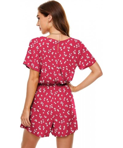 Women's Polka Dot Leopard Jumpsuits V-Neck Floral Printed Flutter Sleeve Pocket Romper Red Floral $24.50 Rompers