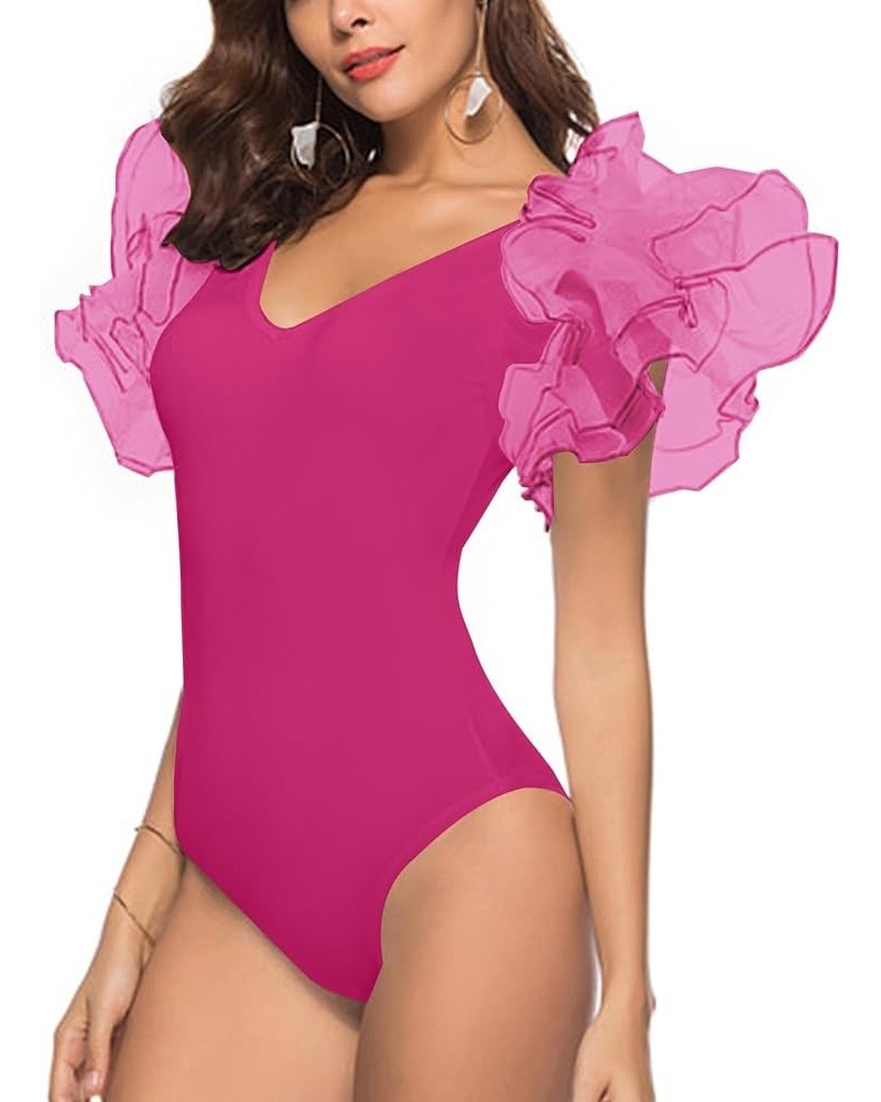 Women’s Layer Ruffle Butterfly Sleeve V Neck Stretchy Party Skinny Bodysuit Romper Leotard Rose $12.54 Lingerie