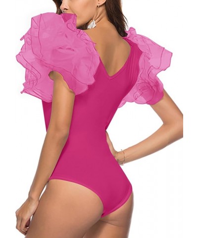 Women’s Layer Ruffle Butterfly Sleeve V Neck Stretchy Party Skinny Bodysuit Romper Leotard Rose $12.54 Lingerie