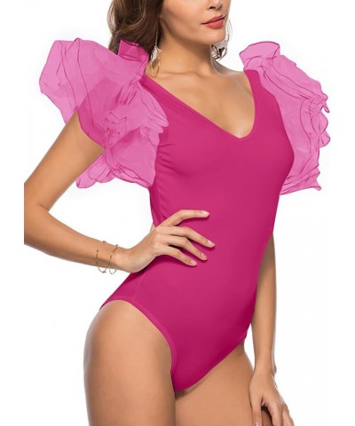 Women’s Layer Ruffle Butterfly Sleeve V Neck Stretchy Party Skinny Bodysuit Romper Leotard Rose $12.54 Lingerie