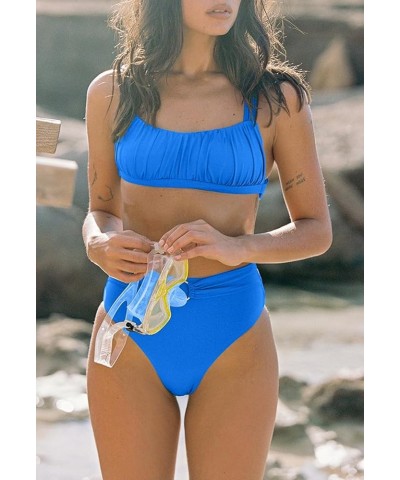 Women Sexy Ruched Bikini Set Criss Cross Back O-Ring Belted High Waisted High Cut Thong 2 PCS Swimsuit Blue $15.06 Swimsuits