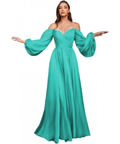 Long Sleeve Brdiesmaid Dresses for Wedding Off Shoulder Evening Gowns for Women Pleated Chiffon Prom Dresses CXL056 Turquoise...