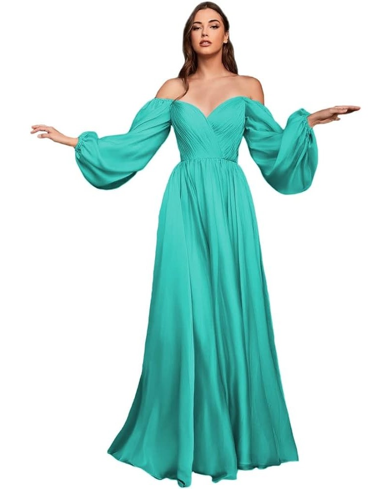 Long Sleeve Brdiesmaid Dresses for Wedding Off Shoulder Evening Gowns for Women Pleated Chiffon Prom Dresses CXL056 Turquoise...