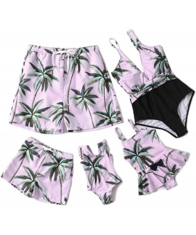 Mommy and Me Swimsuits One Piece Family Matching Swimwear Coconut Tree Printed Deep V Neck Bathing Suits Men Pink Coconut Tre...