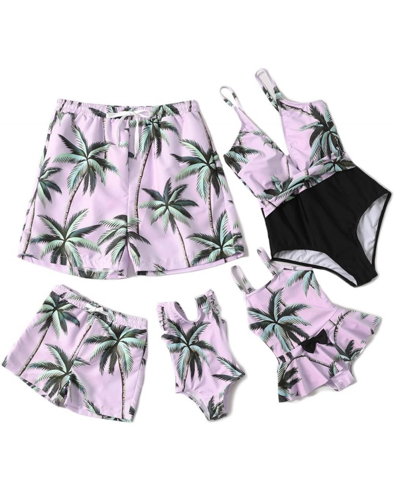 Mommy and Me Swimsuits One Piece Family Matching Swimwear Coconut Tree Printed Deep V Neck Bathing Suits Men Pink Coconut Tre...