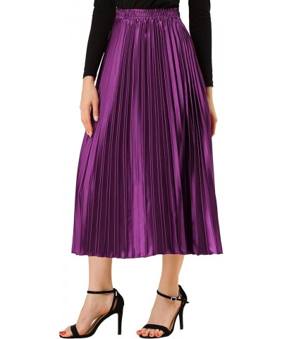 Women's Party Elastic Waist Metallic Shiny Accordion Pleated Midi Skirt Purple $21.82 Skirts