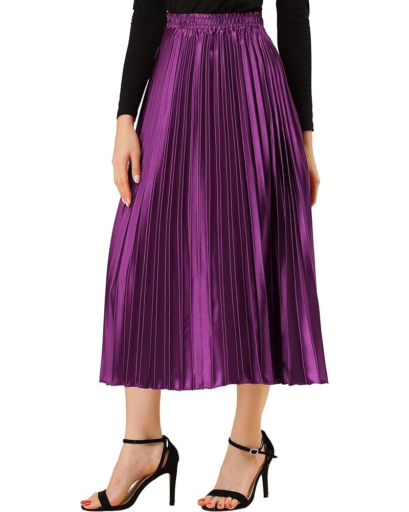 Women's Party Elastic Waist Metallic Shiny Accordion Pleated Midi Skirt Purple $21.82 Skirts