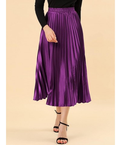 Women's Party Elastic Waist Metallic Shiny Accordion Pleated Midi Skirt Purple $21.82 Skirts