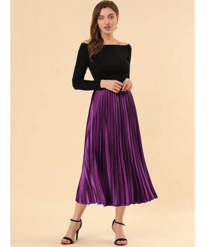 Women's Party Elastic Waist Metallic Shiny Accordion Pleated Midi Skirt Purple $21.82 Skirts