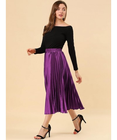 Women's Party Elastic Waist Metallic Shiny Accordion Pleated Midi Skirt Purple $21.82 Skirts