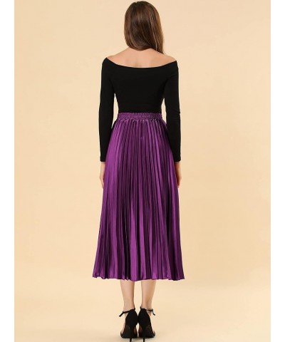 Women's Party Elastic Waist Metallic Shiny Accordion Pleated Midi Skirt Purple $21.82 Skirts