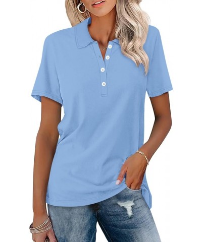 Women's Short Sleeve Polo Shirts V Neck Button Summer Tops Business Casual Collared Shirts Lake Blue $11.45 Shirts