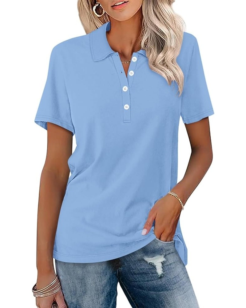 Women's Short Sleeve Polo Shirts V Neck Button Summer Tops Business Casual Collared Shirts Lake Blue $11.45 Shirts