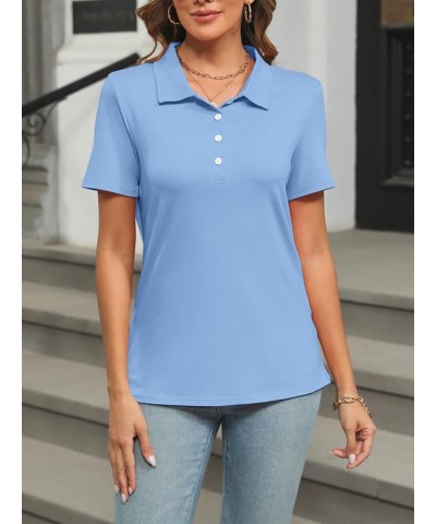 Women's Short Sleeve Polo Shirts V Neck Button Summer Tops Business Casual Collared Shirts Lake Blue $11.45 Shirts