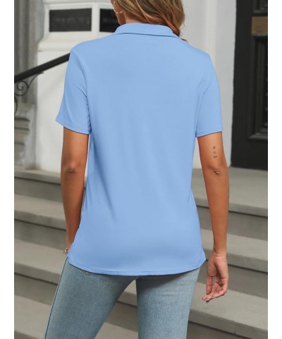 Women's Short Sleeve Polo Shirts V Neck Button Summer Tops Business Casual Collared Shirts Lake Blue $11.45 Shirts