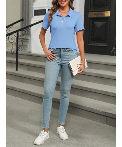 Women's Short Sleeve Polo Shirts V Neck Button Summer Tops Business Casual Collared Shirts Lake Blue $11.45 Shirts