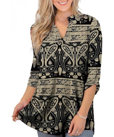 Womens Floral Printed Tunic Tops 3/4 Roll Sleeve V Neck Blouses Long Sleeve Shirts for Women 3/4 Sleeve Multi Black $12.30 Tops