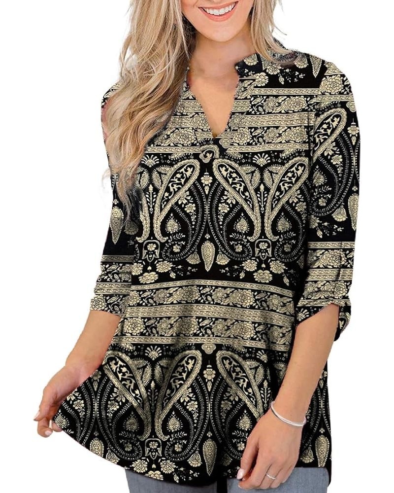 Womens Floral Printed Tunic Tops 3/4 Roll Sleeve V Neck Blouses Long Sleeve Shirts for Women 3/4 Sleeve Multi Black $12.30 Tops