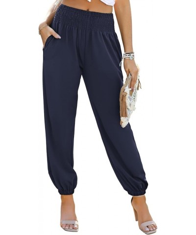 Womens Wide Leg High Waist Carrot Pants Casual Loose Slant Pocket Ruched Flowy Yoga Joggers Navy Blue $10.33 Activewear