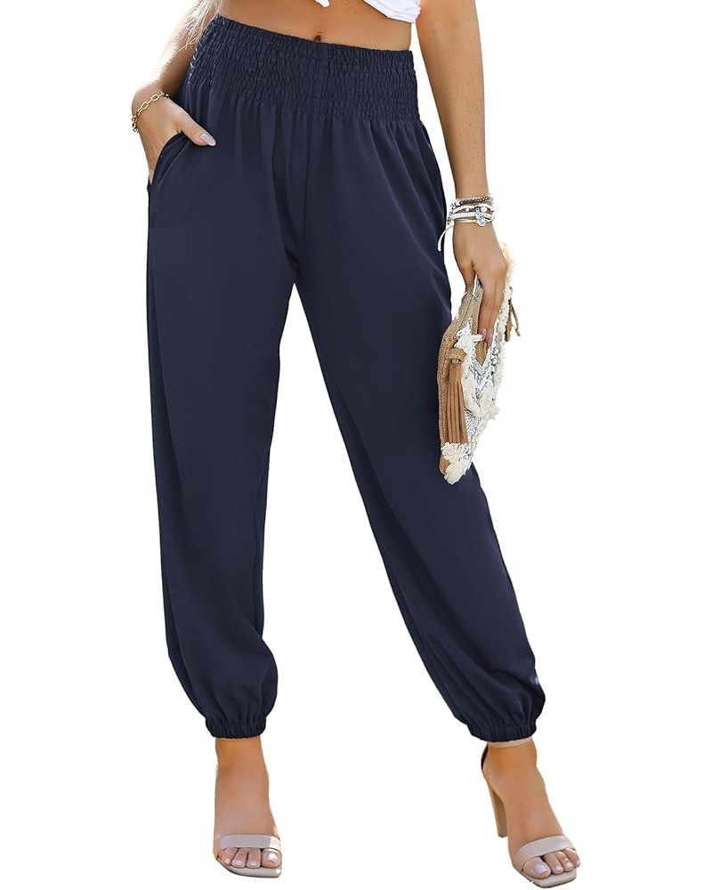 Womens Wide Leg High Waist Carrot Pants Casual Loose Slant Pocket Ruched Flowy Yoga Joggers Navy Blue $10.33 Activewear